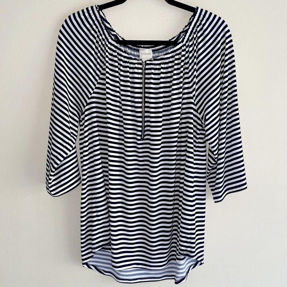Chicos Black White Striped Top Size 12 Longline Zip Up Neckline Fall Classic